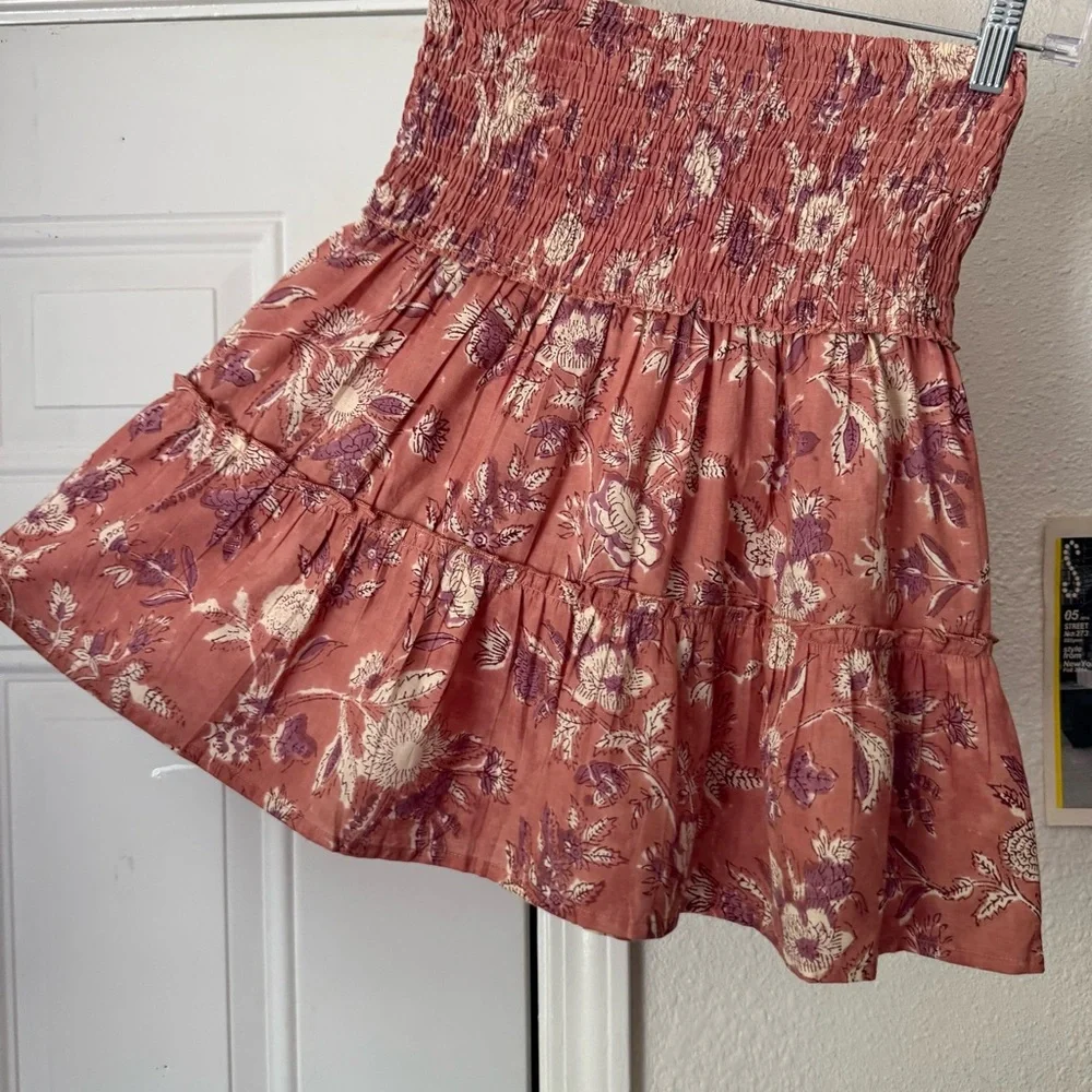 NWT PERRY WALKER pink floral cotton smocked tiered mini skirt - Picture 2 of 6